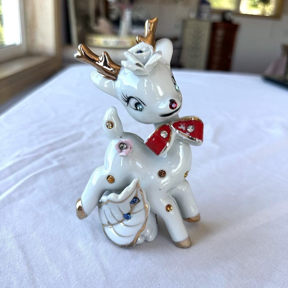 Vintage 50s Napco Wales Porcelain Christmas Buck Deer Reindeer Figurine Crystal